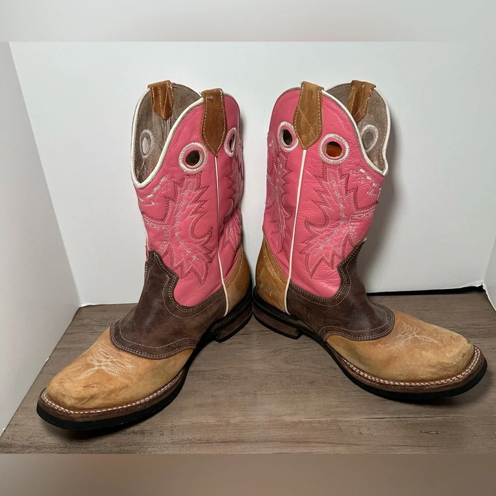JHon‎ Davis Youth Pink/Brown/Leather Western Boots *See Measurement.